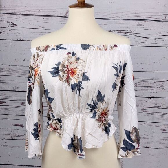 WHITE Shoulderless Floral Crop Top - Picture 1 of 2